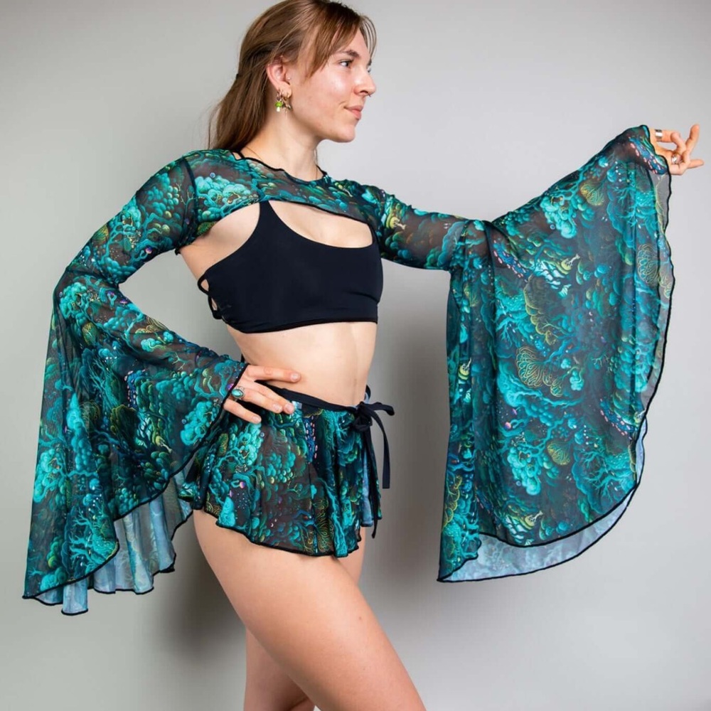 Freedom Rave Wear Mesh Bell Sleeves and Swirl Skirt